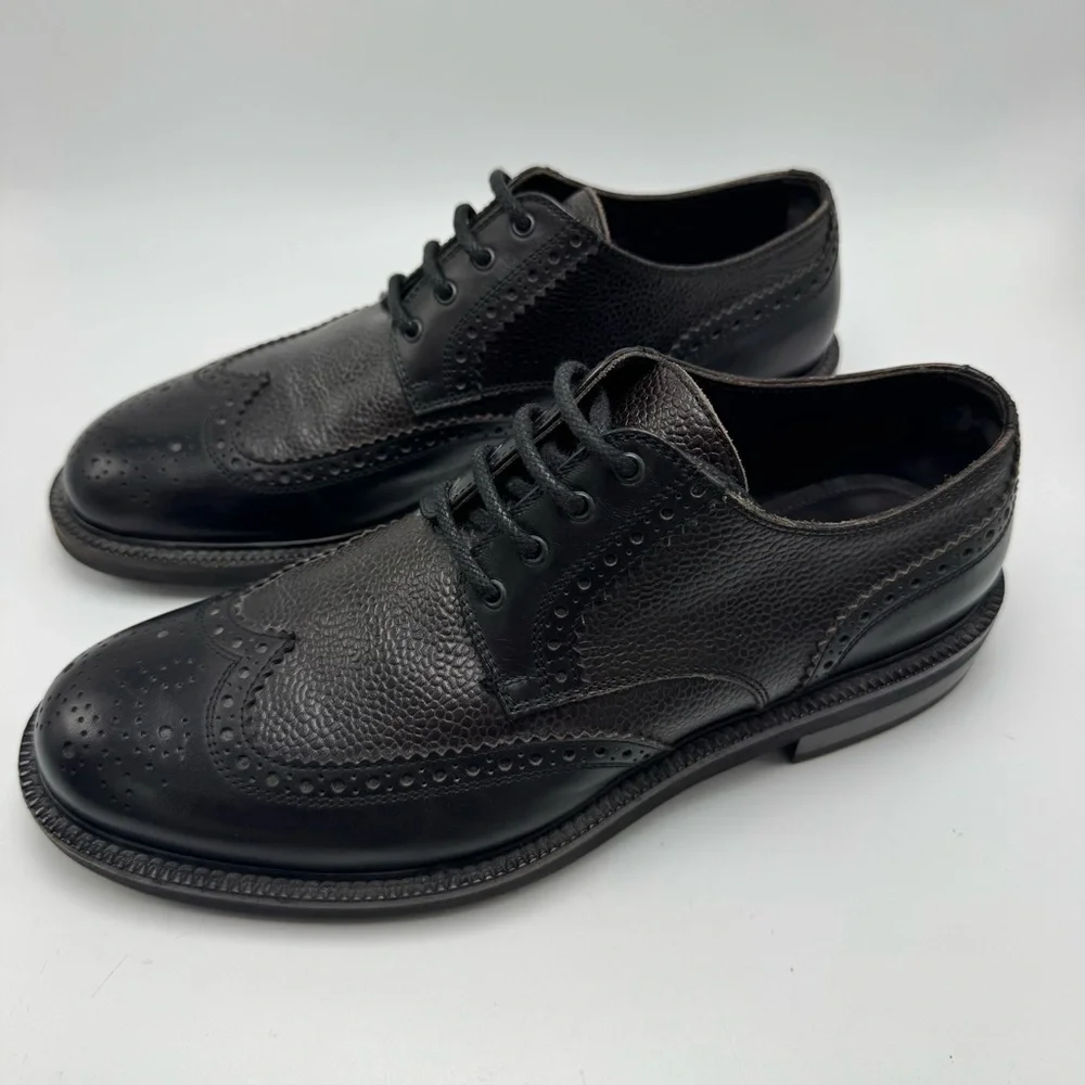 Ermenegildo Zegna Black Pebbled Leather Wingtip Derby Shoe US 9 EU 42 Dark Brown